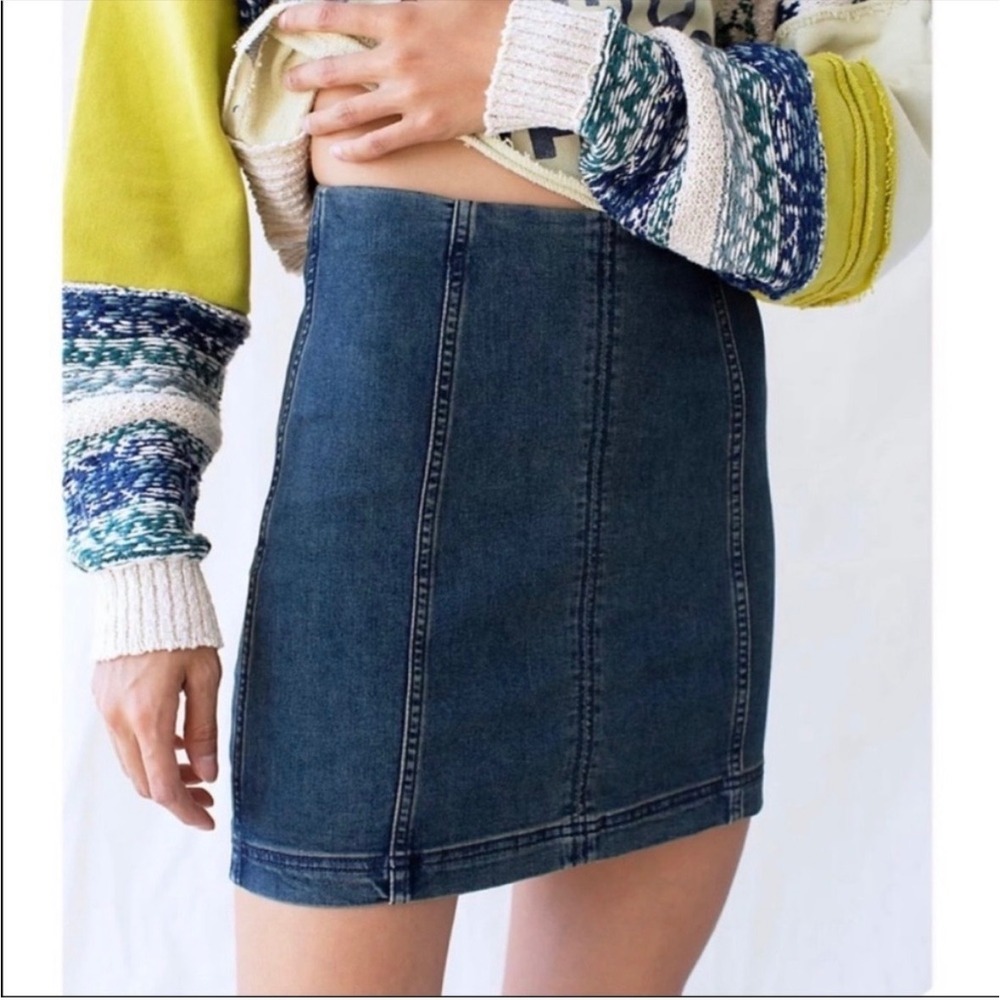 Free People Denim Mini Skirt Womens 0 High Waist Seamed Blue Stretch Back Zip